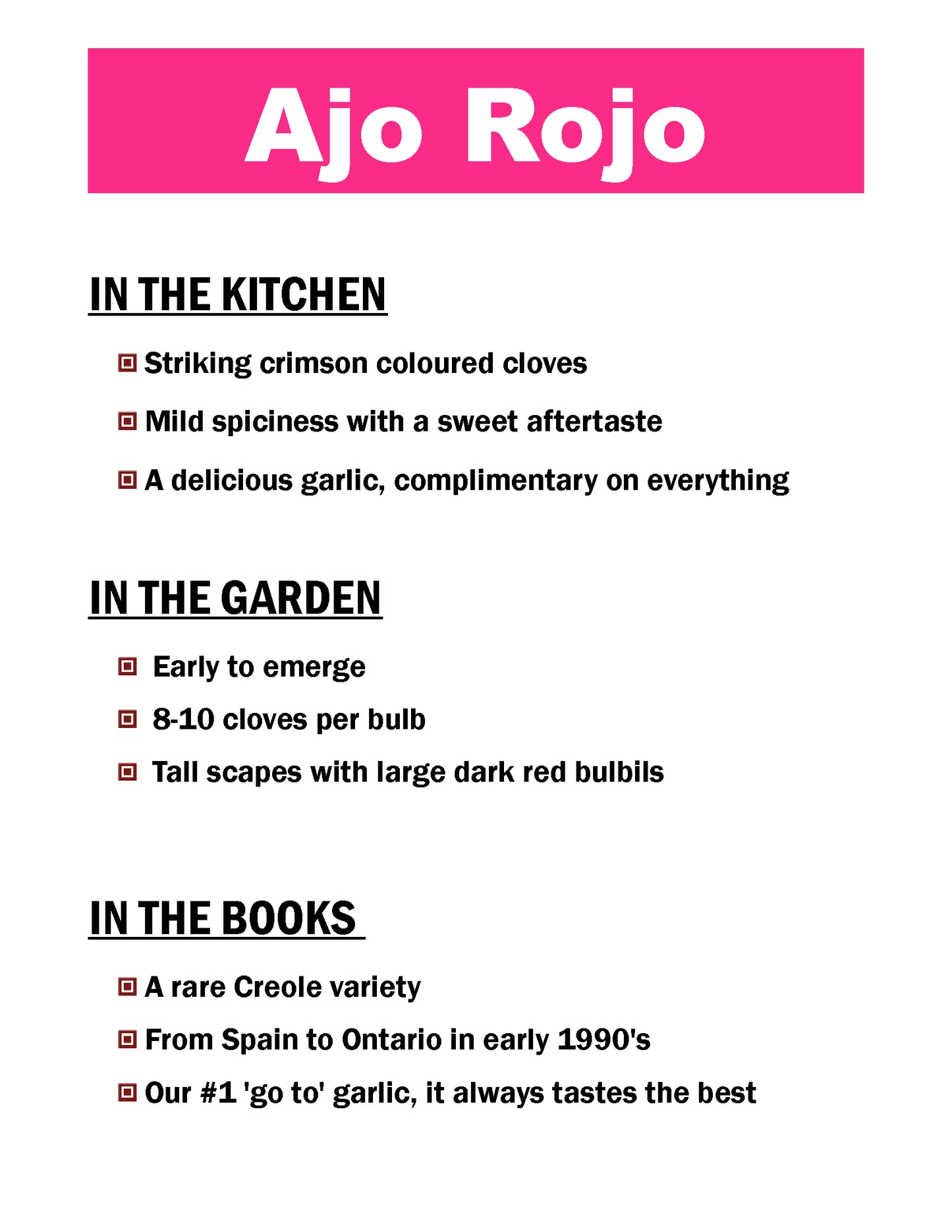 Ajo Rojo, Creole garlic description card by Garlicloves