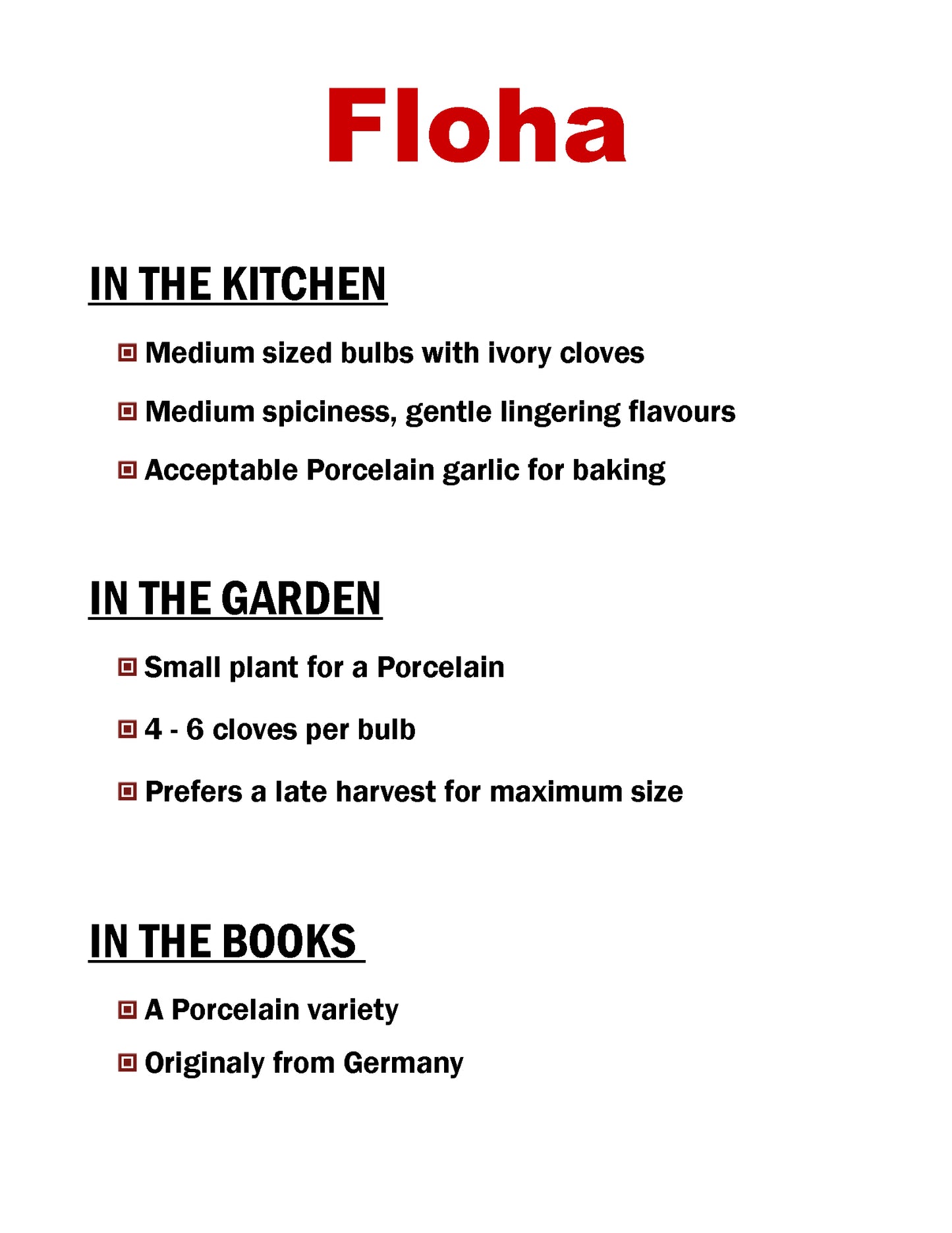 Floha garlic, Porcelain galic variety description card by garlicloves