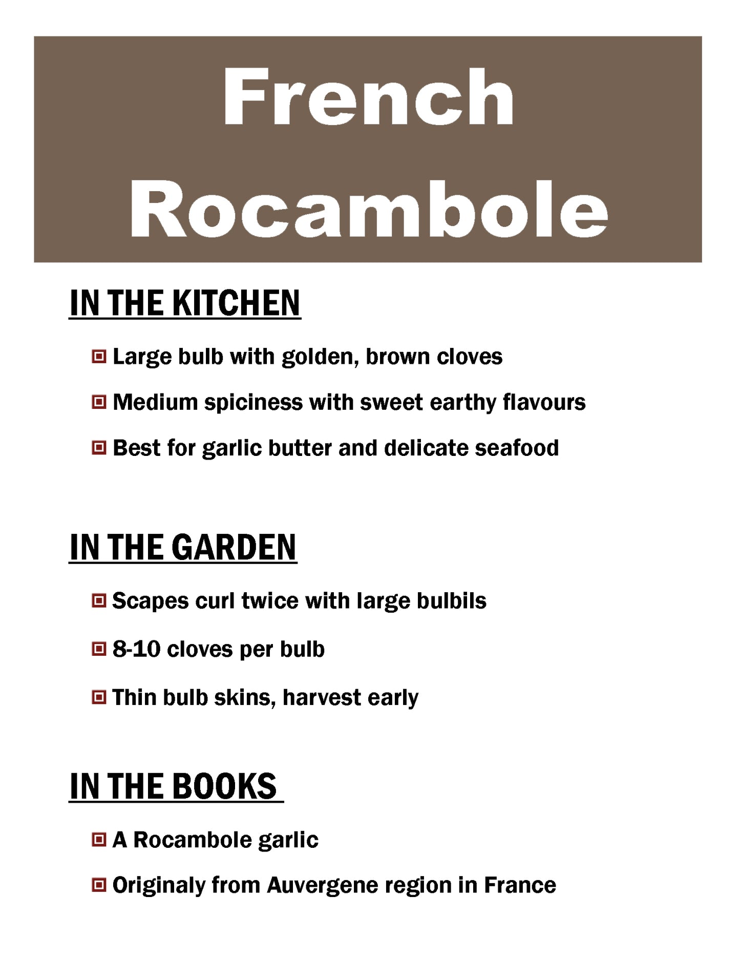French Rocambole garlic description card by Garlicloves