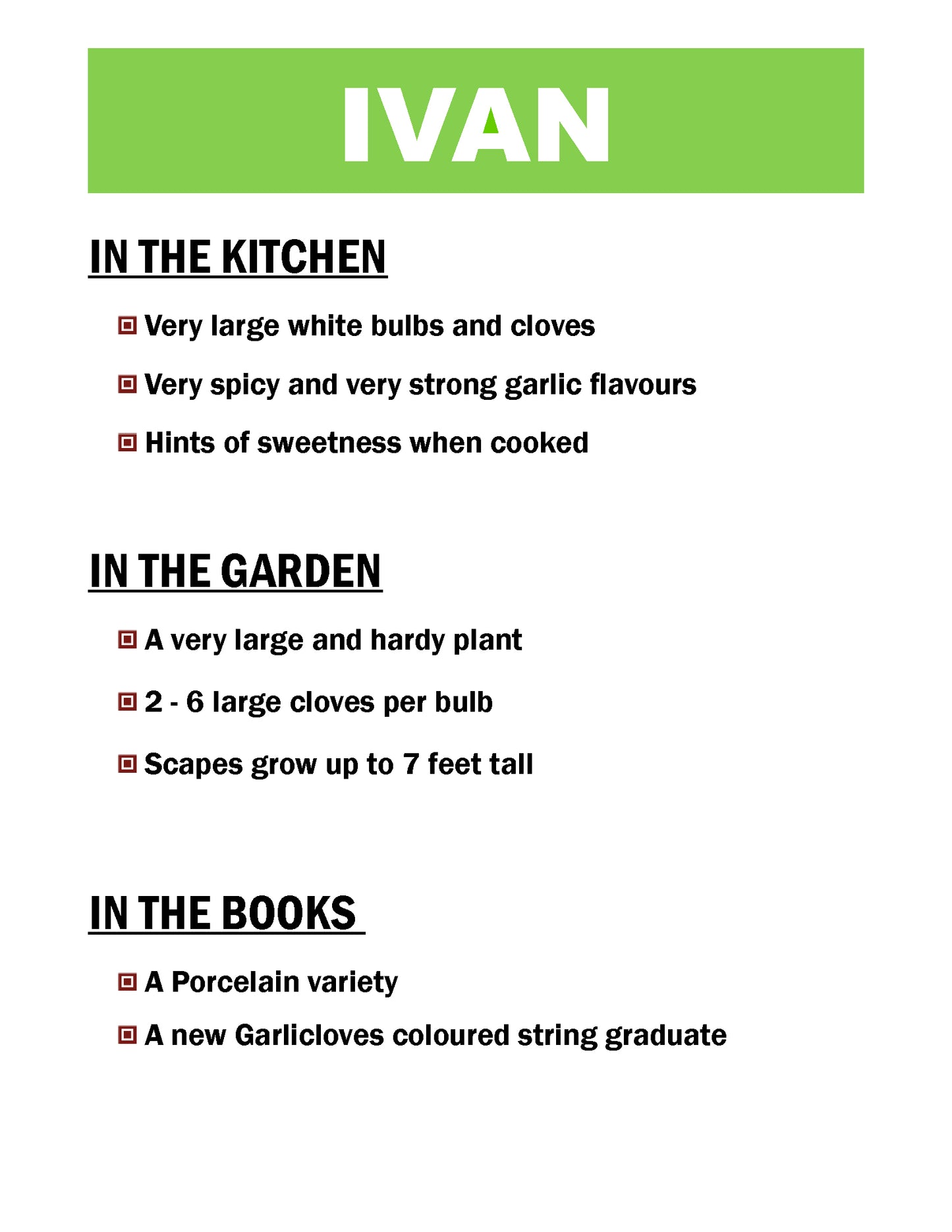 Ivan garlic, porcelain garlic description card by Garlicloves