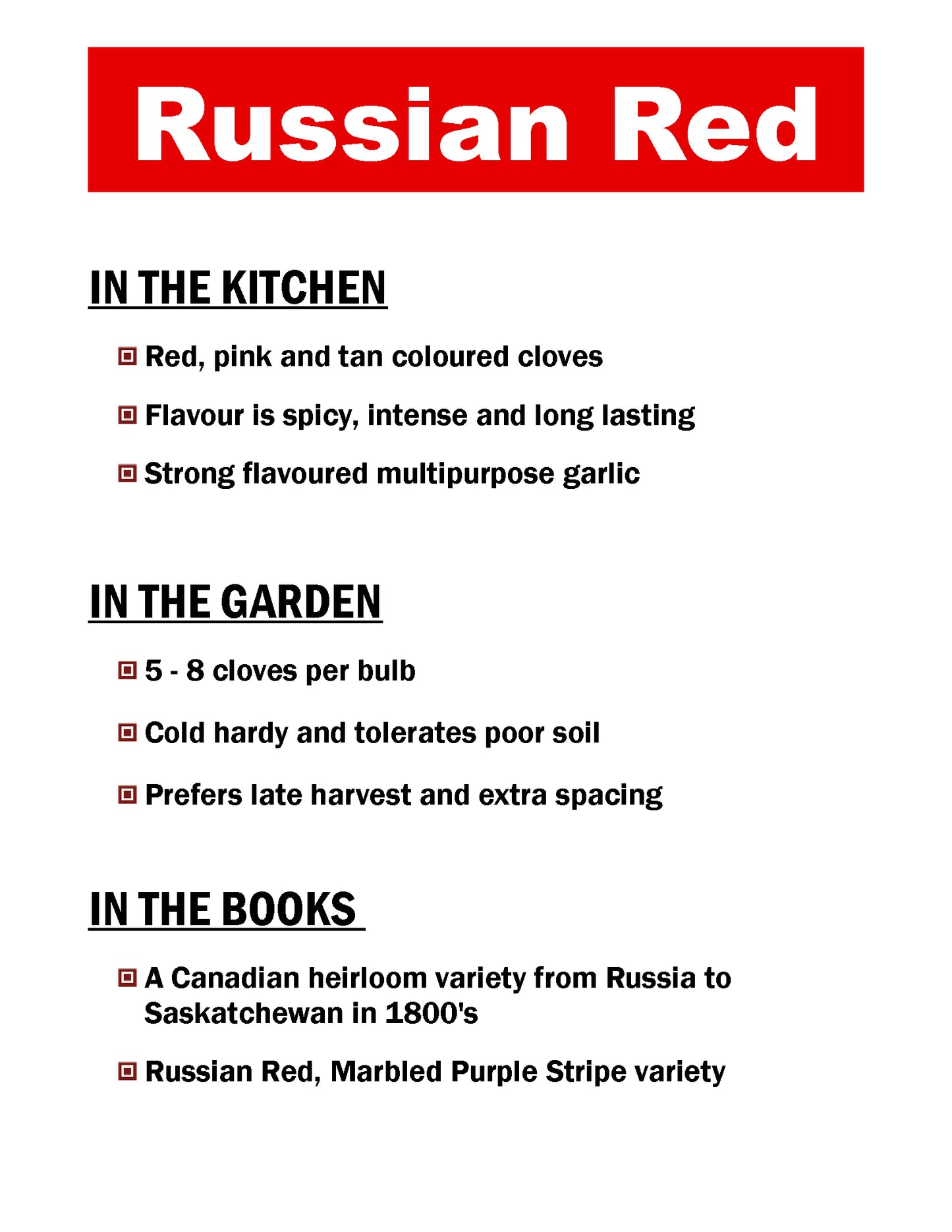 Russian Red, Marbled Purple Stripe garlic description card by Garlicloves