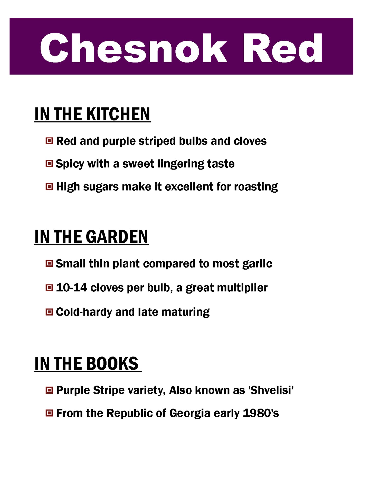 Chesnook Red, Purple Stripe garlic description card by Garlicloves