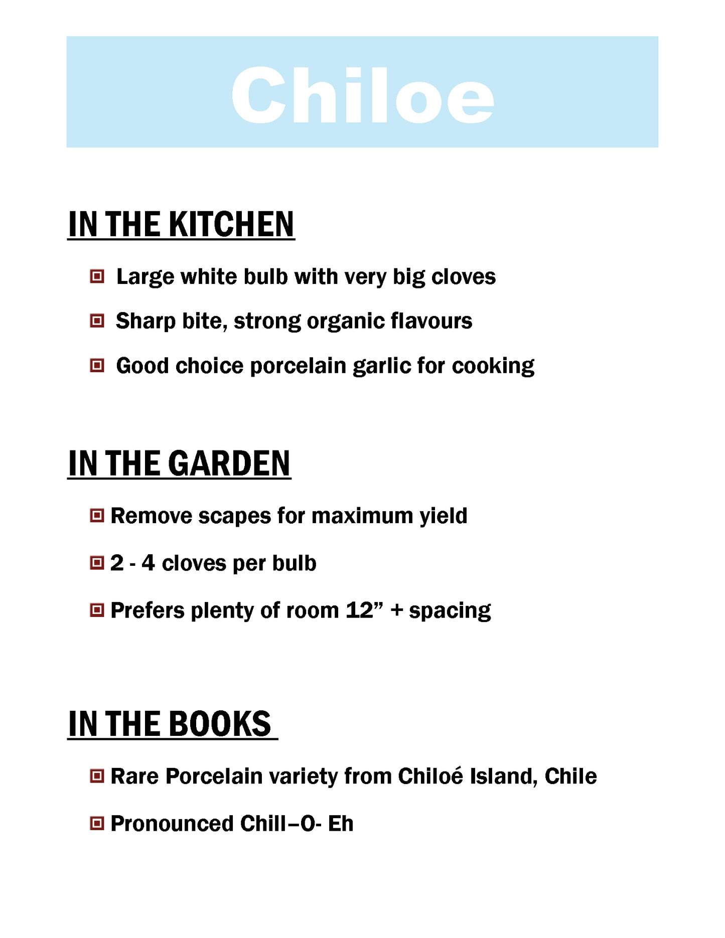 Chiloe garlic description card by Garlicloves
