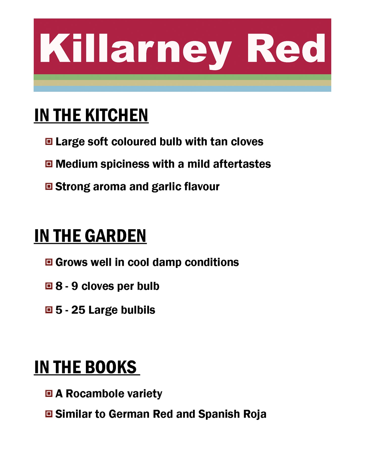 Killarney Red, Rocambole garlic description card by Garlicloves
