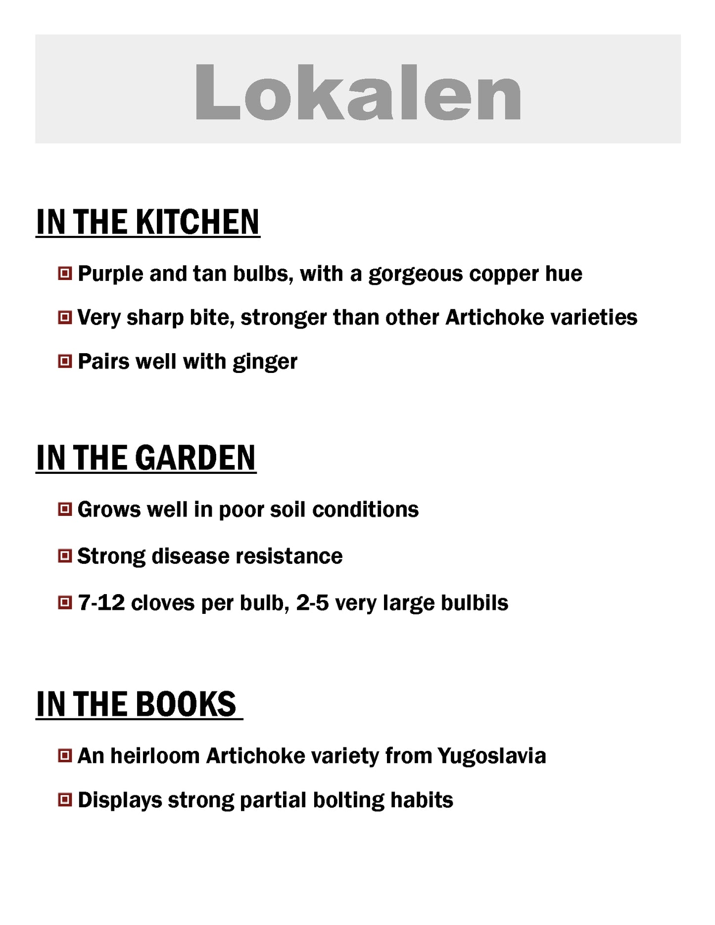 Lokalen, Artichoke, Softneck garlic description card by Garlicloves
