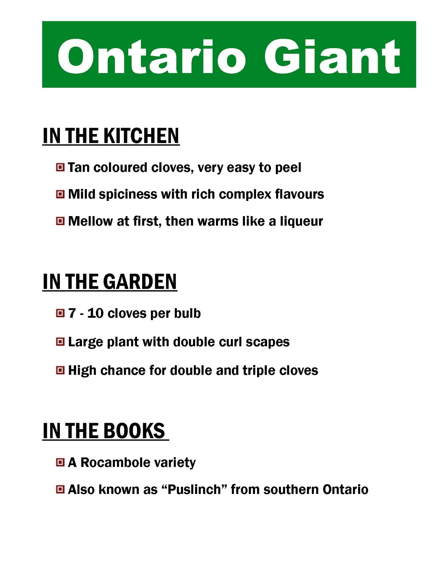 Ontario Giant, Puslinch, Rocambole, garlic description card by Garlicloves